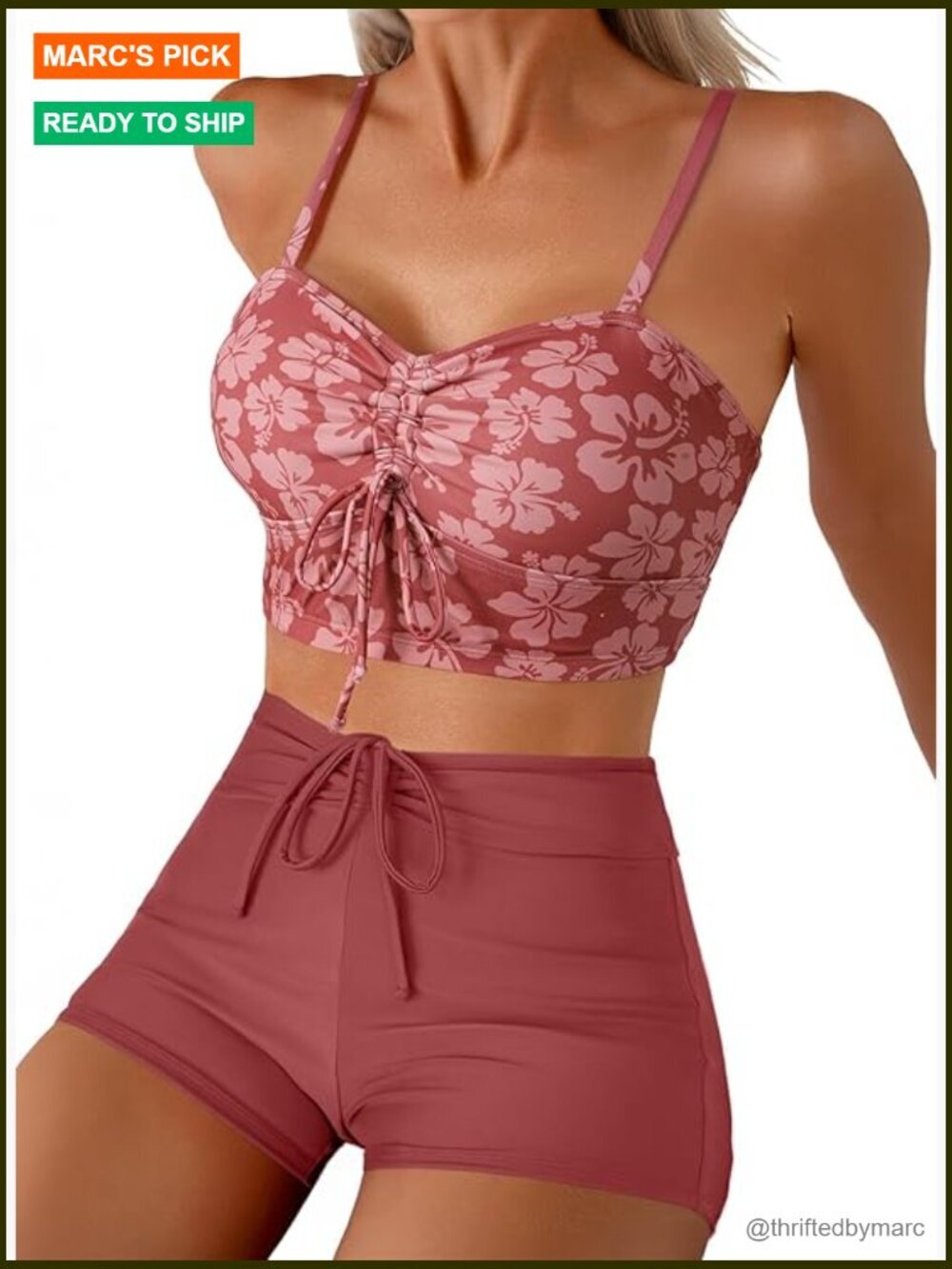 High Waisted Bikini Set Floral Print Tummy Control Drawstring Two Piece Swimsuit